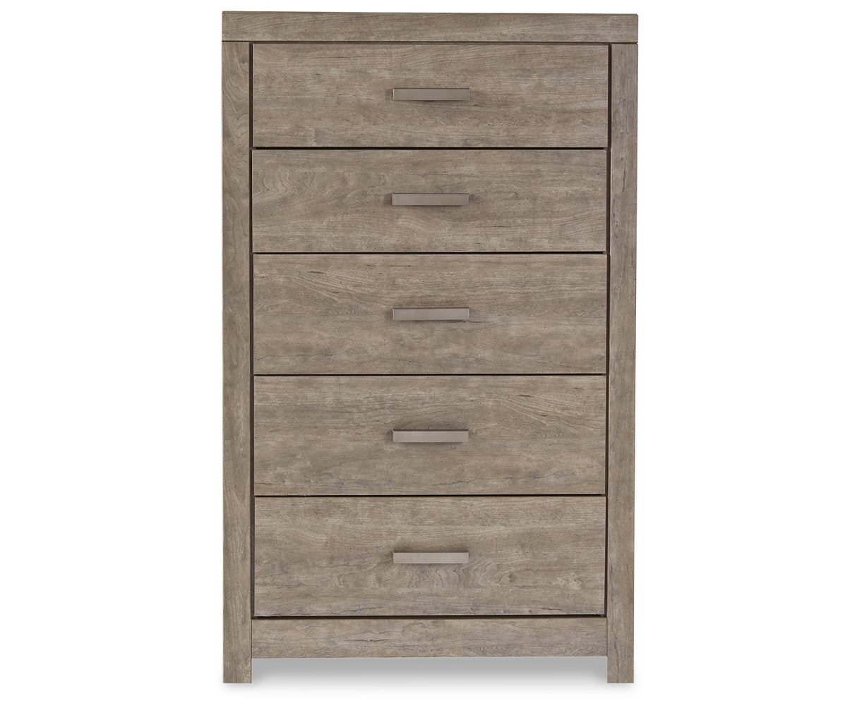 Culverbach Queen Panel Bed with Mirrored Dresser, Chest and 2 Nightstands in Gray from Ashley Furniture - Luna Furniture