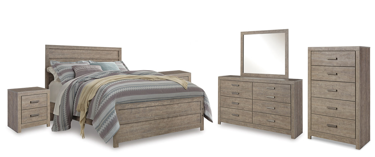 Culverbach Gray Queen Panel Bed with Mirrored Dresser, Chest and 2 Nightstands from Ashley - Luna Furniture