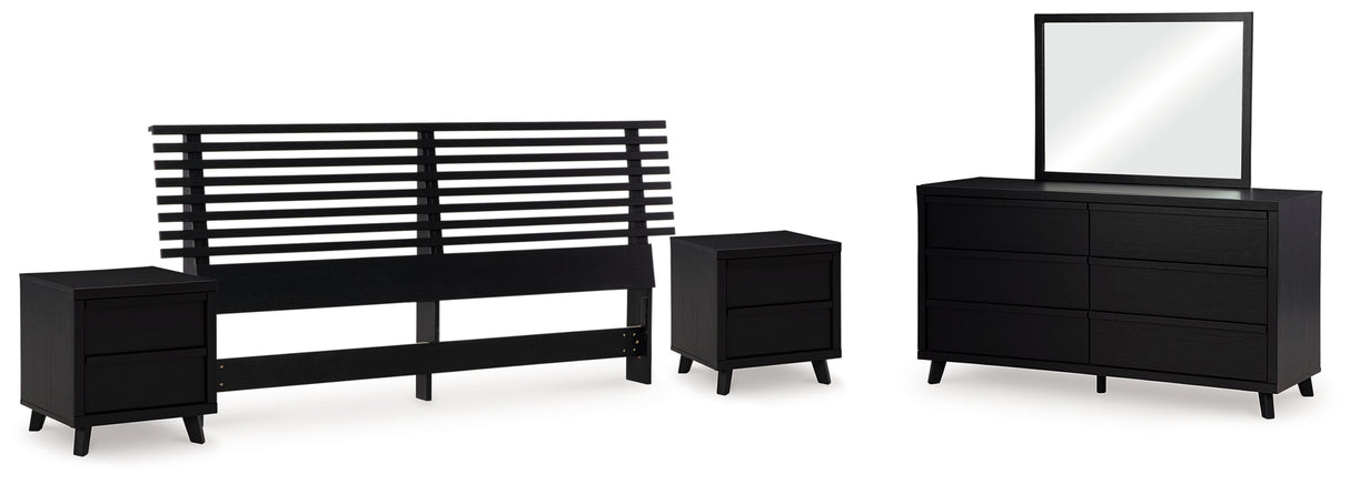 Danziar King Panel Headboard with Mirrored Dresser and 2 Nightstands in Black from Ashley - Luna Furniture