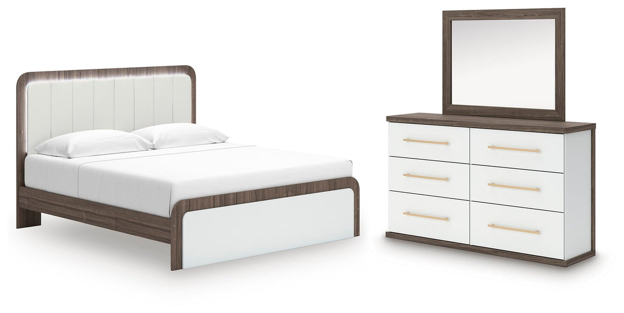 Kendanport Brown/White King Upholstered Bed, Dresser and Mirror from Ashley Furniture - Luna Furniture