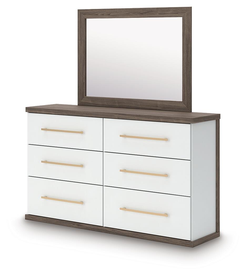 Kendanport Brown/White King Upholstered Bed, Dresser and Mirror from Ashley Furniture - Luna Furniture