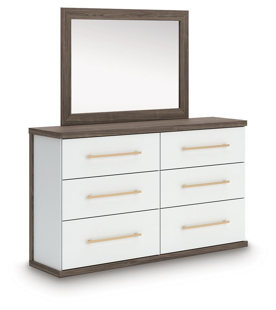 Kendanport Brown/White King Upholstered Bed, Dresser and Mirror from Ashley Furniture - Luna Furniture