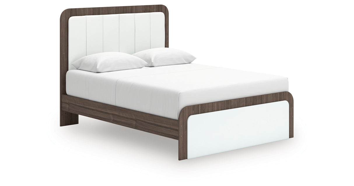 Kendanport White/Brown Queen Upholstered Bed and 2 Nightstands from Ashley - Luna Furniture
