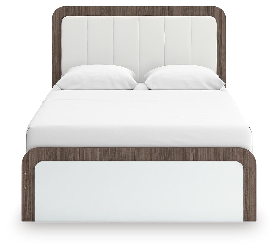 Kendanport White/Brown Queen Upholstered Bed and 2 Nightstands from Ashley - Luna Furniture