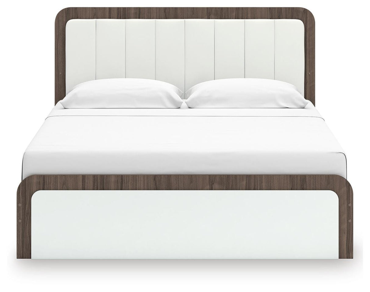 Kendanport Brown/White King Upholstered Bed, Dresser and Mirror from Ashley Furniture - Luna Furniture