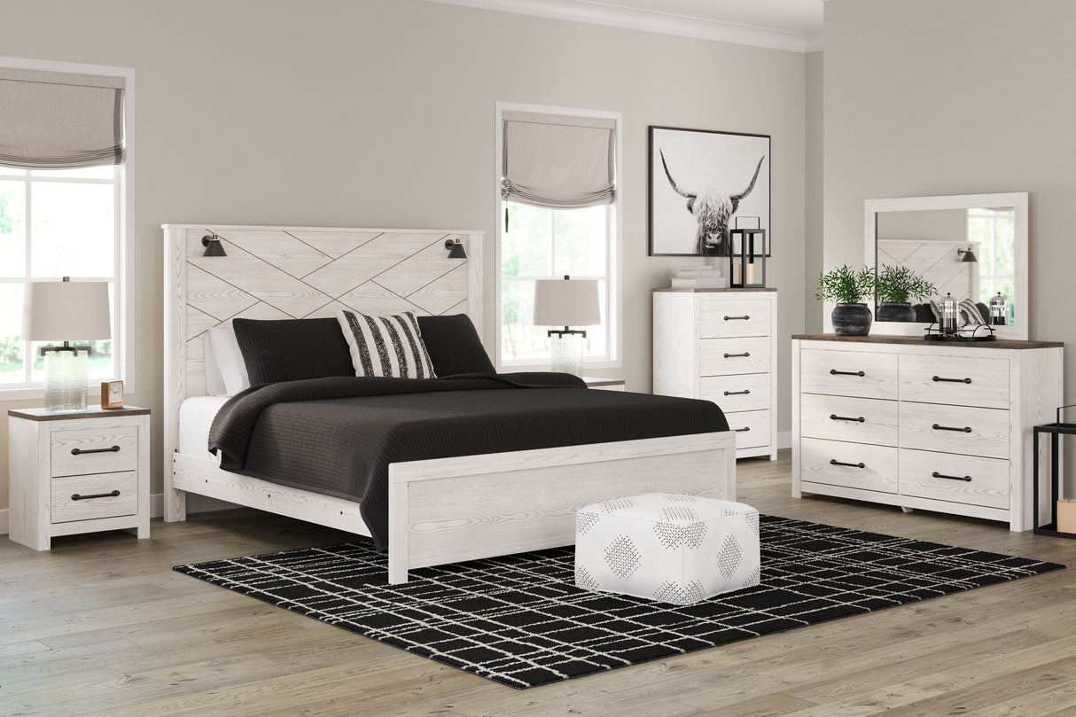 Gerridan King Panel Bed with Mirrored Dresser, Chest and 2 Nightstands in White/Gray from Ashley Furniture - Luna Furniture