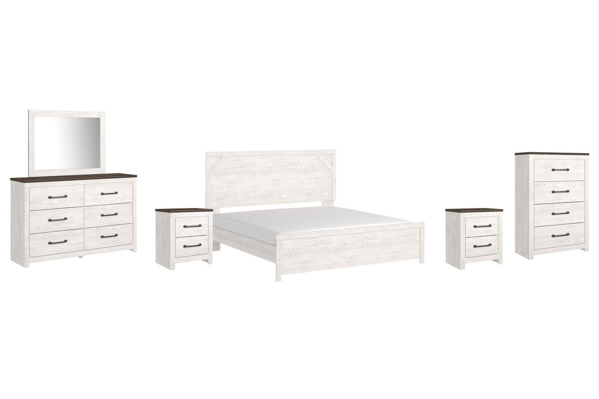Gerridan King Panel Bed with Mirrored Dresser, Chest and 2 Nightstands in White/Gray from Ashley Furniture - Luna Furniture