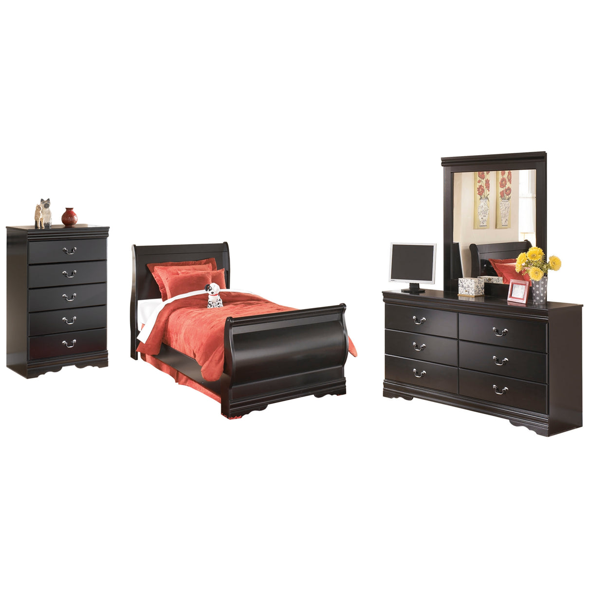Huey Vineyard Twin Sleigh Bed with Mirrored Dresser and Chest in Black from Ashley Furniture - Luna Furniture