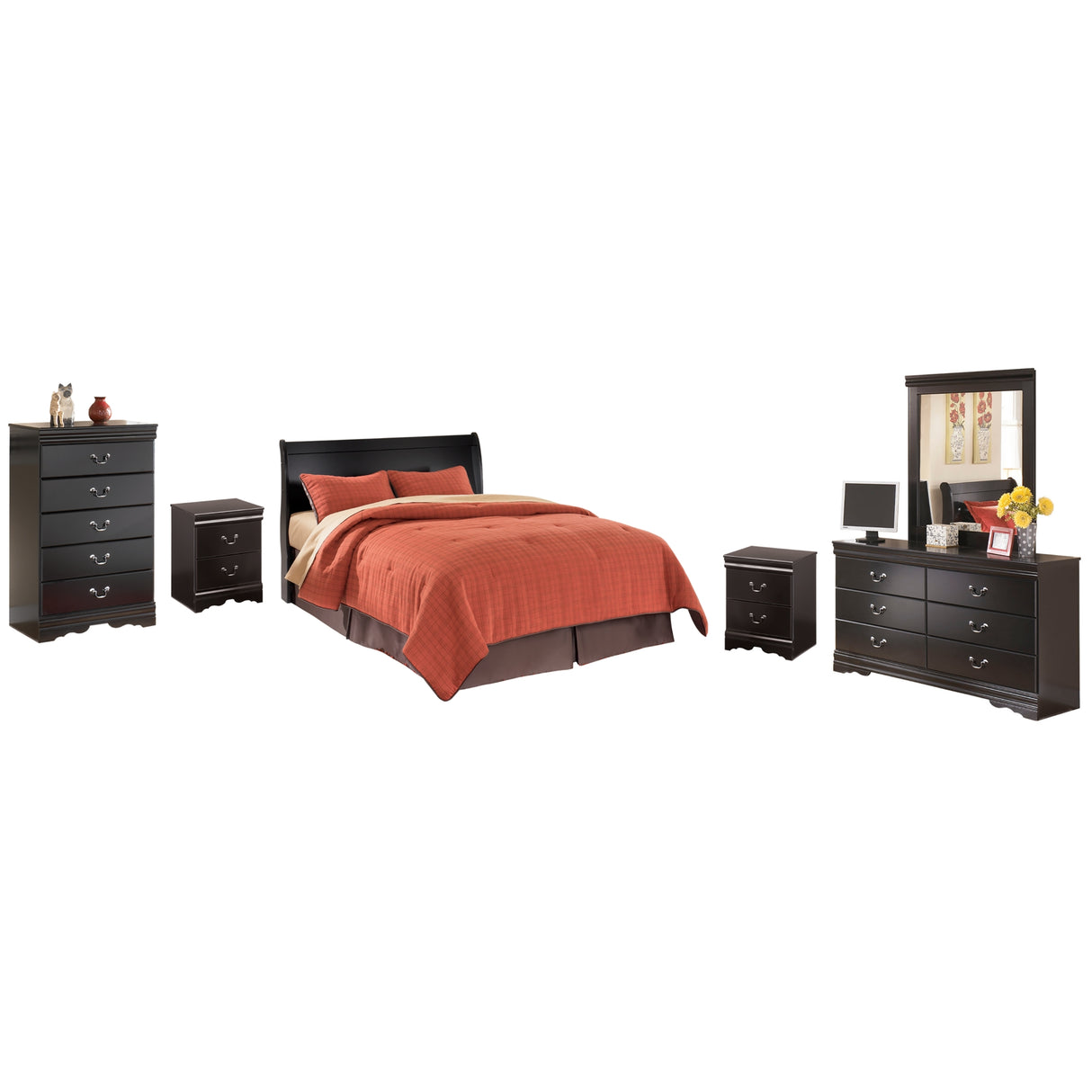 Huey Vineyard Queen Sleigh Headboard Bed with Mirrored Dresser, Chest and 2 Nightstands in Black from Ashley Furniture - Luna Furniture