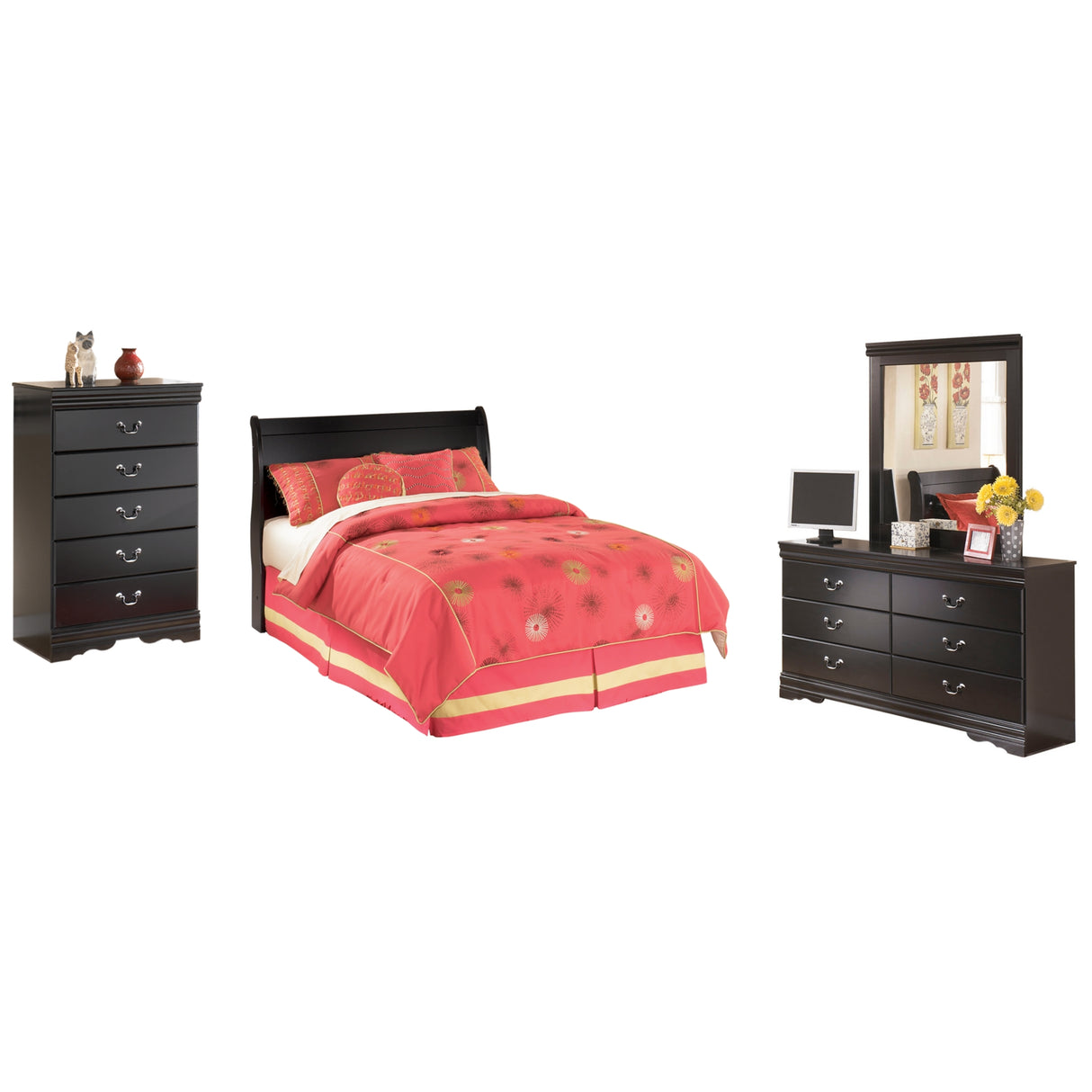Huey Vineyard Full Sleigh Headboard Bed with Mirrored Dresser and Chest in Black from Ashley Furniture - Luna Furniture