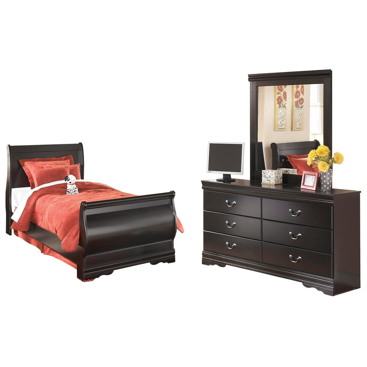Huey Vineyard Twin Sleigh Bed with Mirrored Dresser in Black from Ashley - Luna Furniture