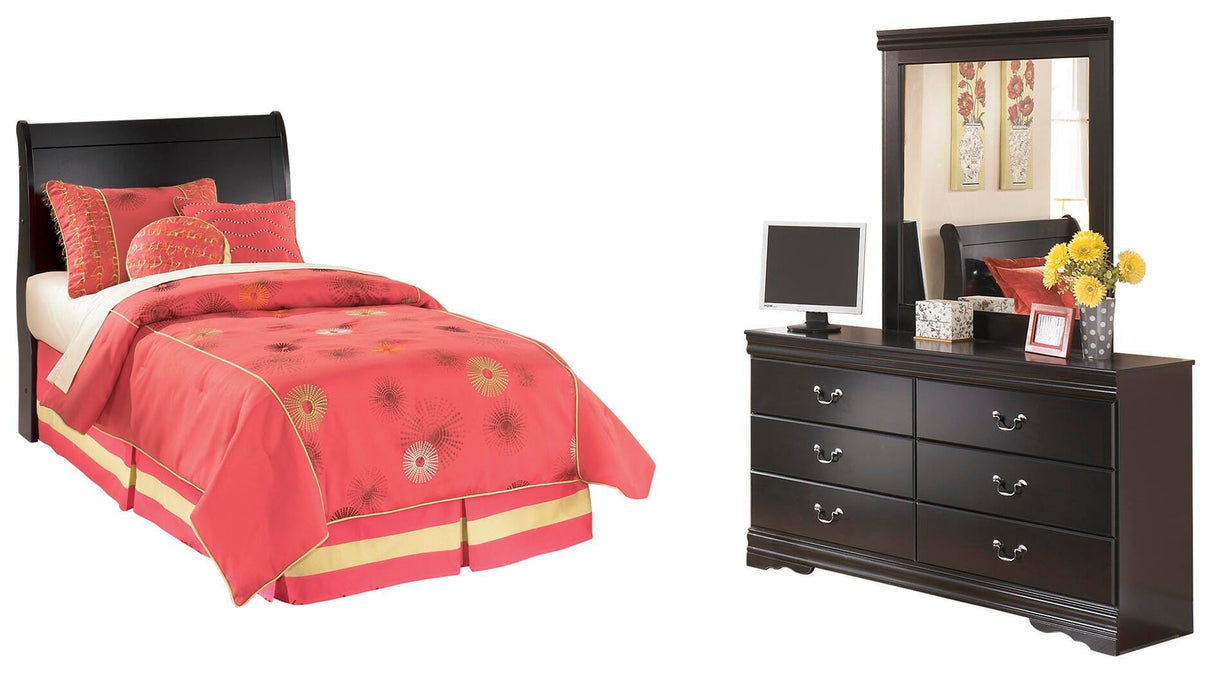 Huey Vineyard Black Twin Sleigh Headboard Bed with Mirrored Dresser from Ashley Furniture - Luna Furniture
