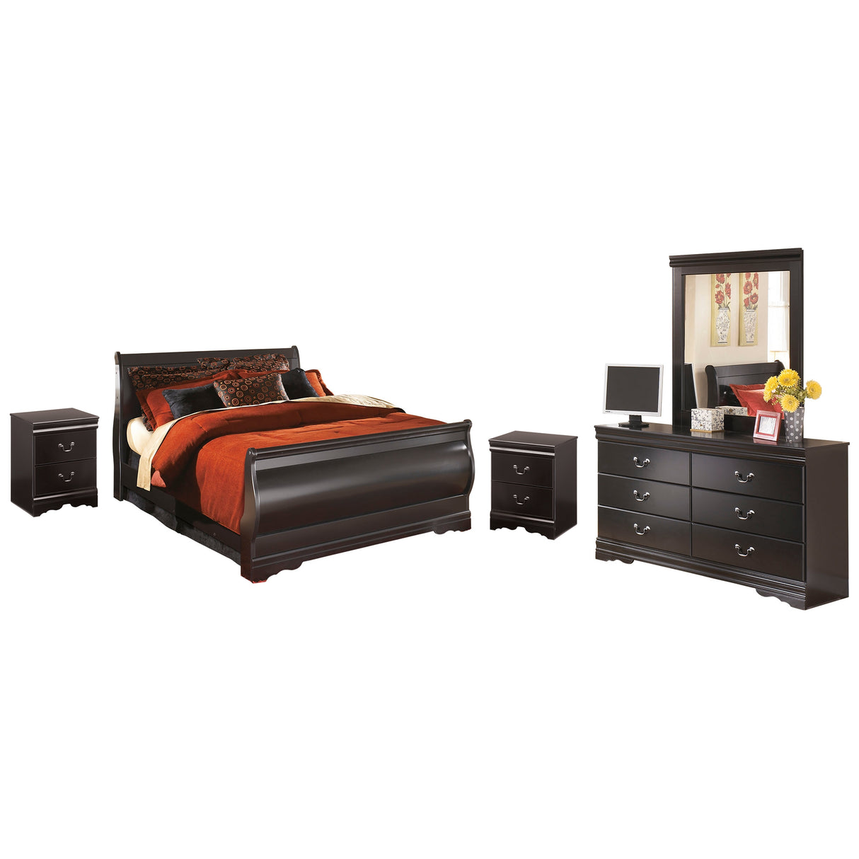 Huey Vineyard Black Queen Sleigh Bed with Mirrored Dresser and 2 Nightstands in Black from Ashley Furniture - Luna Furniture