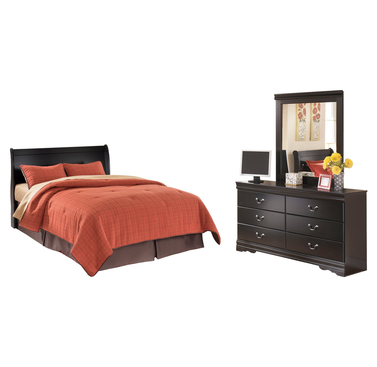 Huey Vineyard Queen Sleigh Headboard Bed with Mirrored Dresser in Black from Ashley Furniture - Luna Furniture