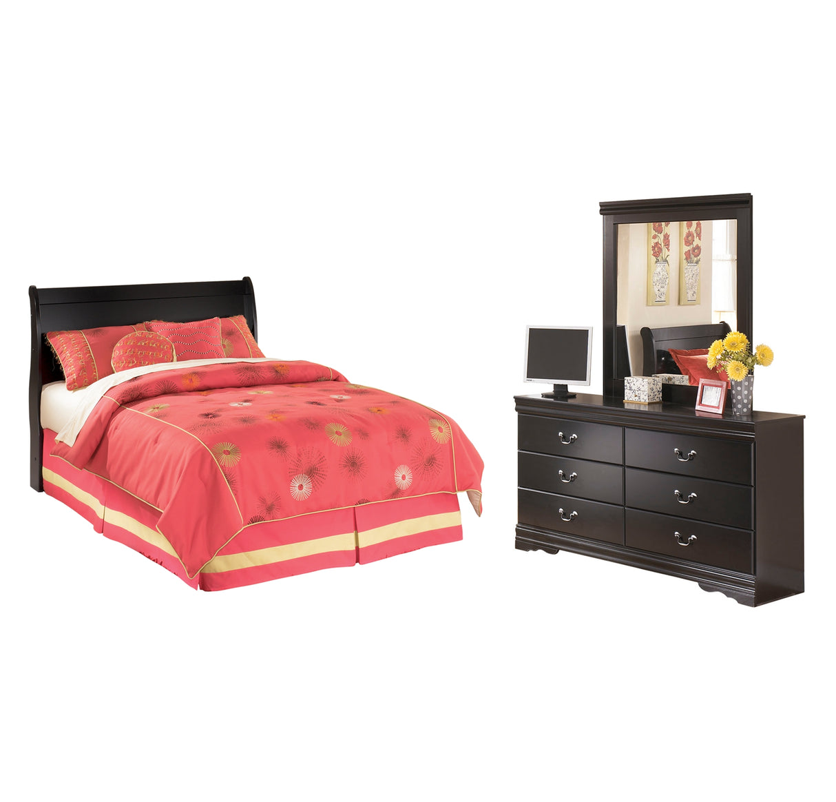 Huey Vineyard Full Sleigh Headboard Bed with Mirrored Dresser in Black from Ashley Furniture - Luna Furniture