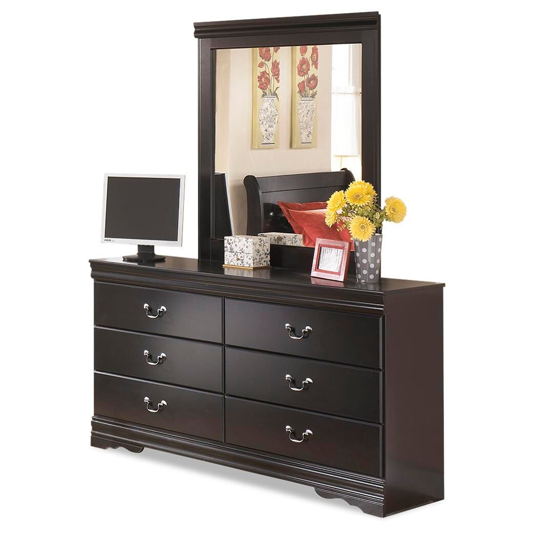 Huey Vineyard Twin Sleigh Bed with Mirrored Dresser in Black from Ashley - Luna Furniture