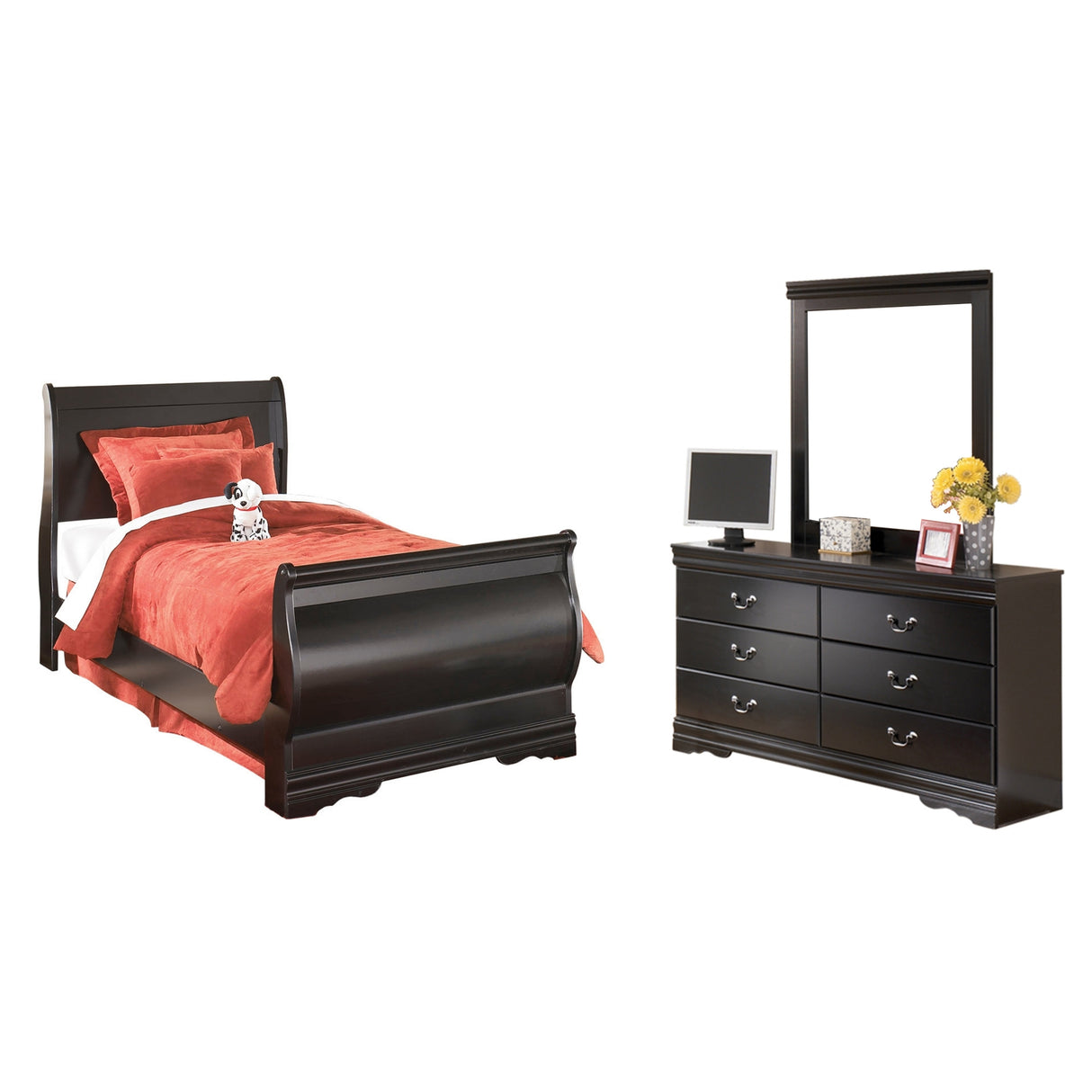 Huey Vineyard Twin Sleigh Bed with Mirrored Dresser and 2 Nightstands in Black from Ashley Furniture - Luna Furniture