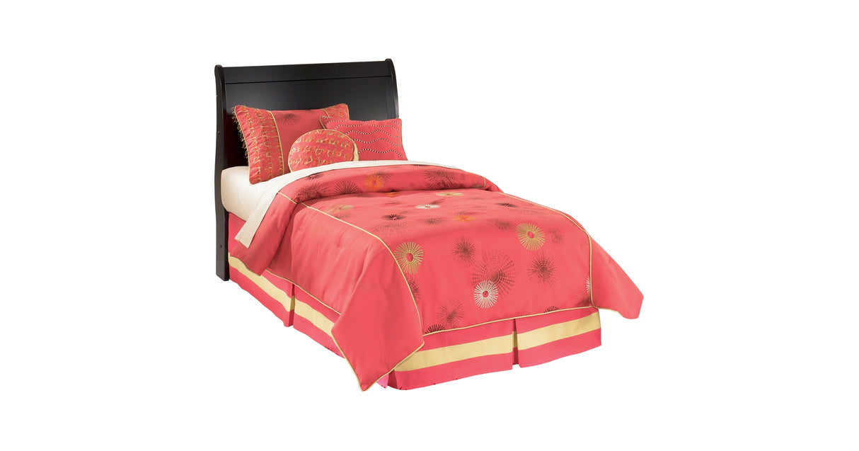 Huey Vineyard Twin Sleigh Headboard Bed with Mirrored Dresser and Chest in Black from Ashley Furniture - Luna Furniture