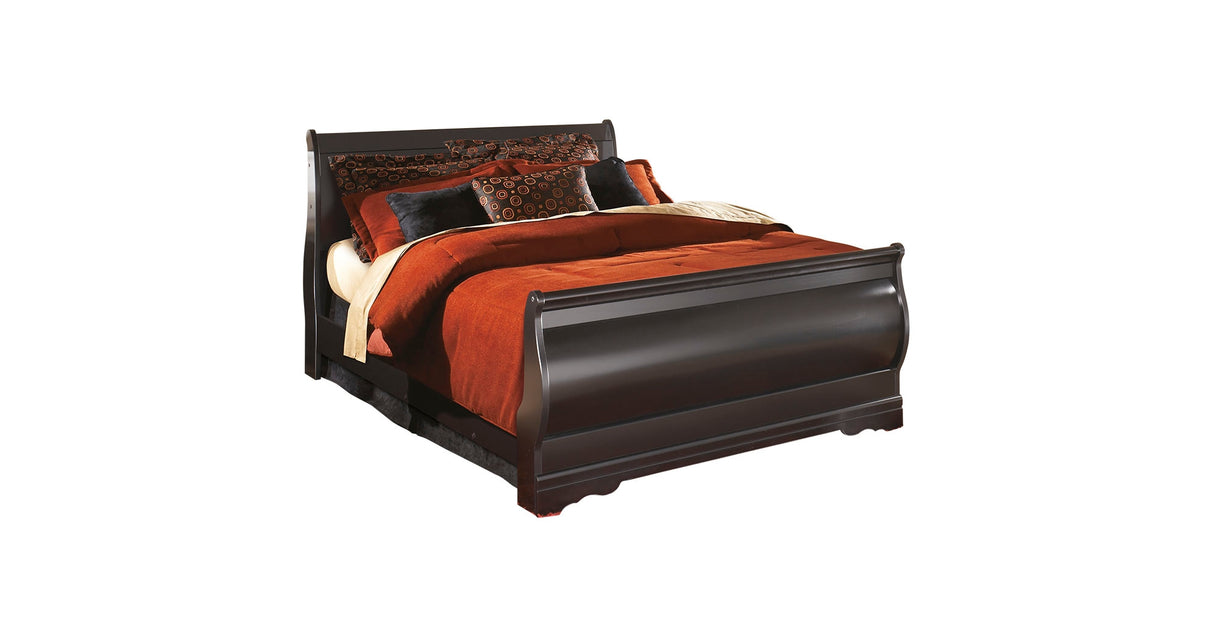 Huey Vineyard Queen Sleigh Bed with Mirrored Dresser and 2 Nightstands in Black from Ashley Furniture - Luna Furniture