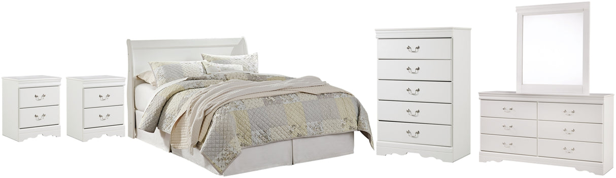 Anarasia Queen Sleigh Headboard Bed with Mirrored Dresser, Chest and 2 Nightstands in White from Ashley Furniture - Luna Furniture