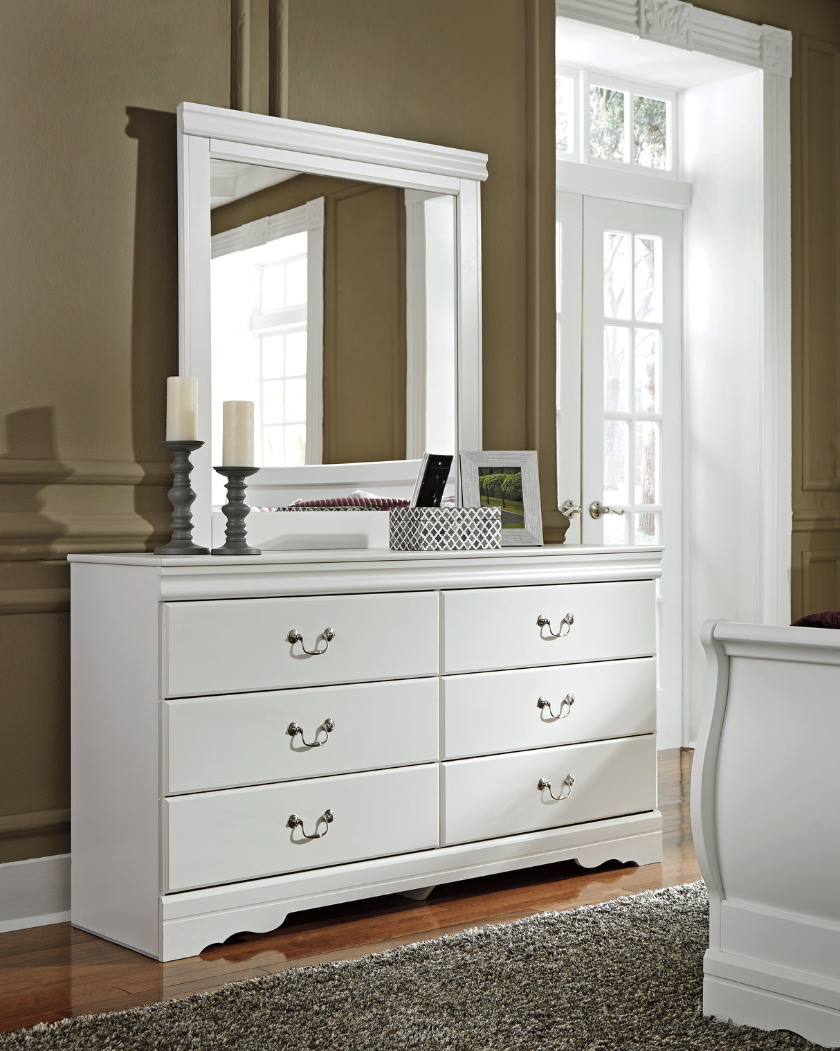 Anarasia Twin Sleigh Bed with Mirrored Dresser and Chest in White from Ashley Furniture - Luna Furniture