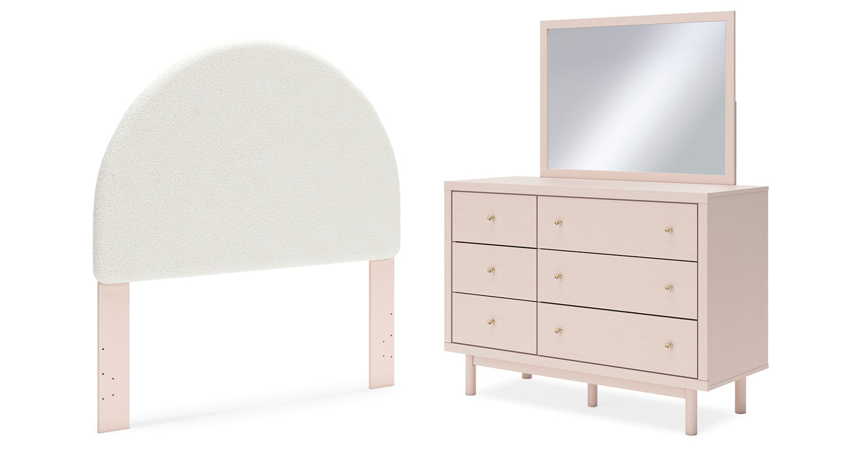 Wistenpine Full Upholstered Panel Headboard with Mirrored Dresser in Blush from Ashley - Luna Furniture