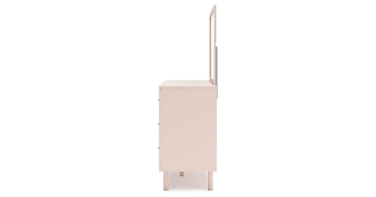 Wistenpine Full Upholstered Panel Headboard with Mirrored Dresser and 2 Nightstands in Blush from Ashley Furniture - Luna Furniture