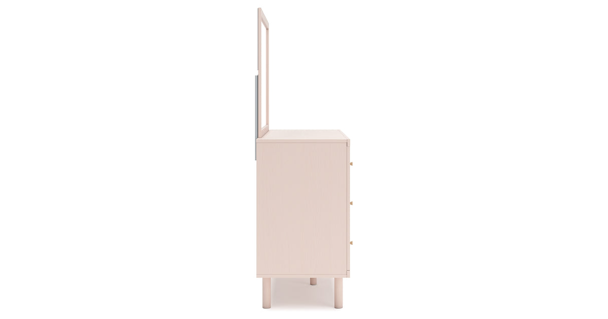 Wistenpine Full Upholstered Panel Headboard with Mirrored Dresser and Nightstand in Blush from Ashley Furniture - Luna Furniture