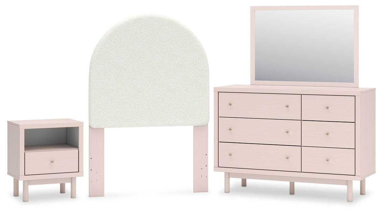 Wistenpine Twin Upholstered Panel Headboard with Mirrored Dresser and Nightstand in Blush from Ashley - Luna Furniture