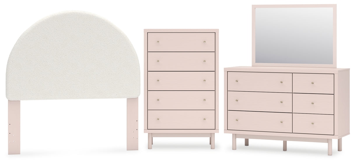 Wistenpine Full Upholstered Panel Headboard with Mirrored Dresser and Chest in Blush from Ashley - Luna Furniture