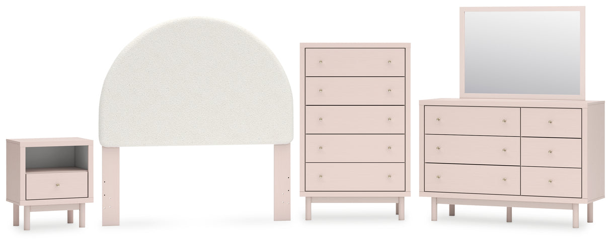 Wistenpine Full Upholstered Panel Headboard with Mirrored Dresser, Chest and Nightstand in Blush from Ashley - Luna Furniture