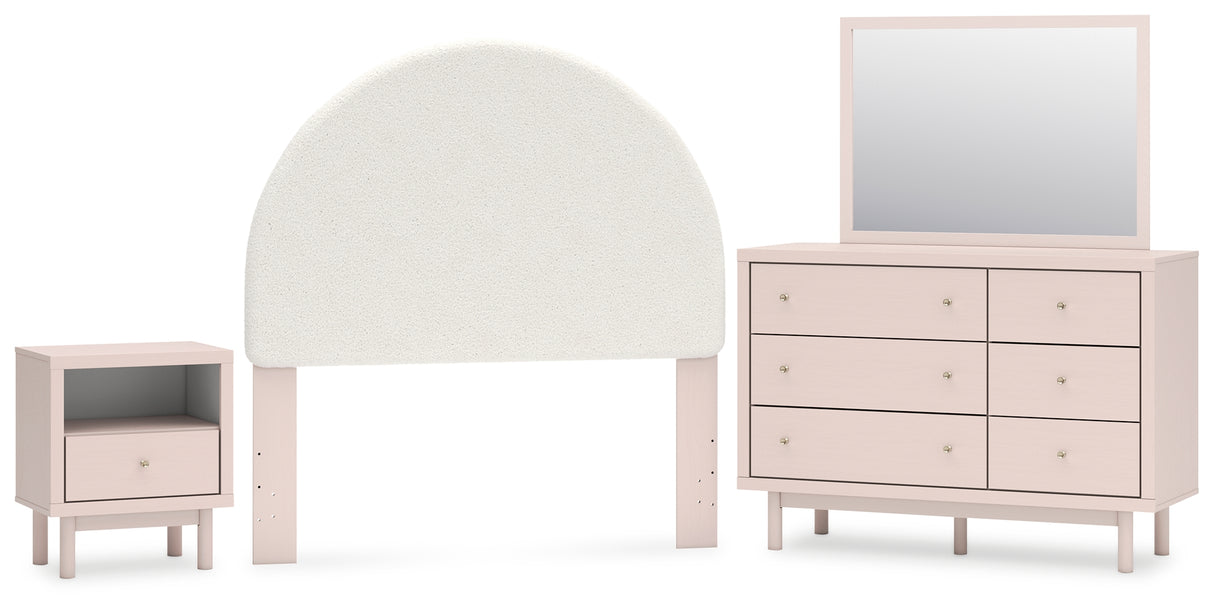 Wistenpine Full Upholstered Panel Headboard with Mirrored Dresser and Nightstand in Blush from Ashley - Luna Furniture