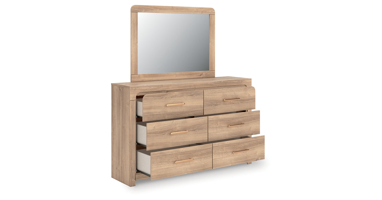 Kinlanni King Upholstered Platform Bed with Mirrored Dresser in Tan from Ashley - Luna Furniture