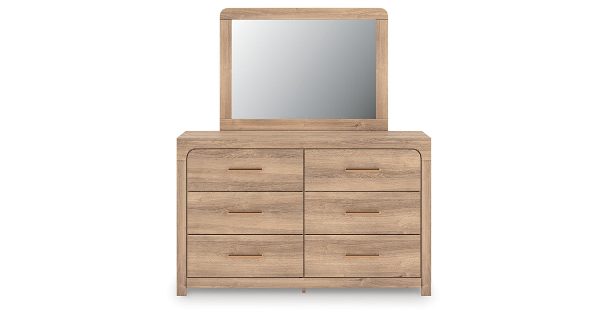 Kinlanni King Upholstered Platform Bed with Mirrored Dresser in Tan from Ashley - Luna Furniture