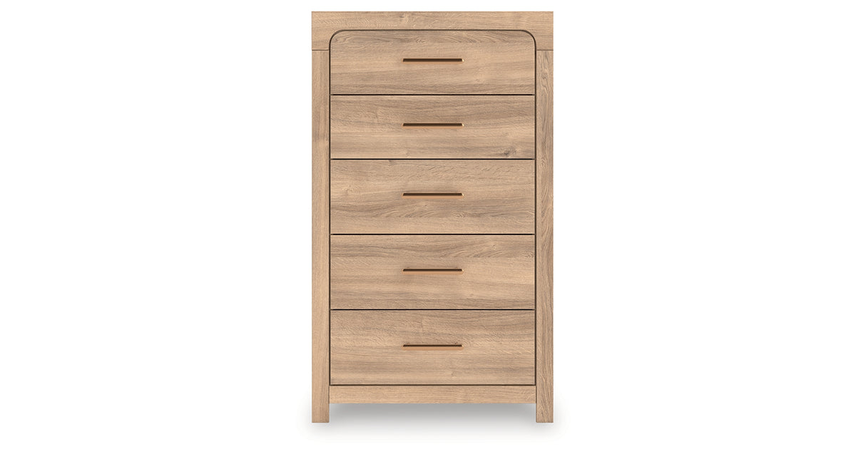 Kinlanni King Upholstered Platform Bed with Dresser and Chest in Tan from Ashley - Luna Furniture