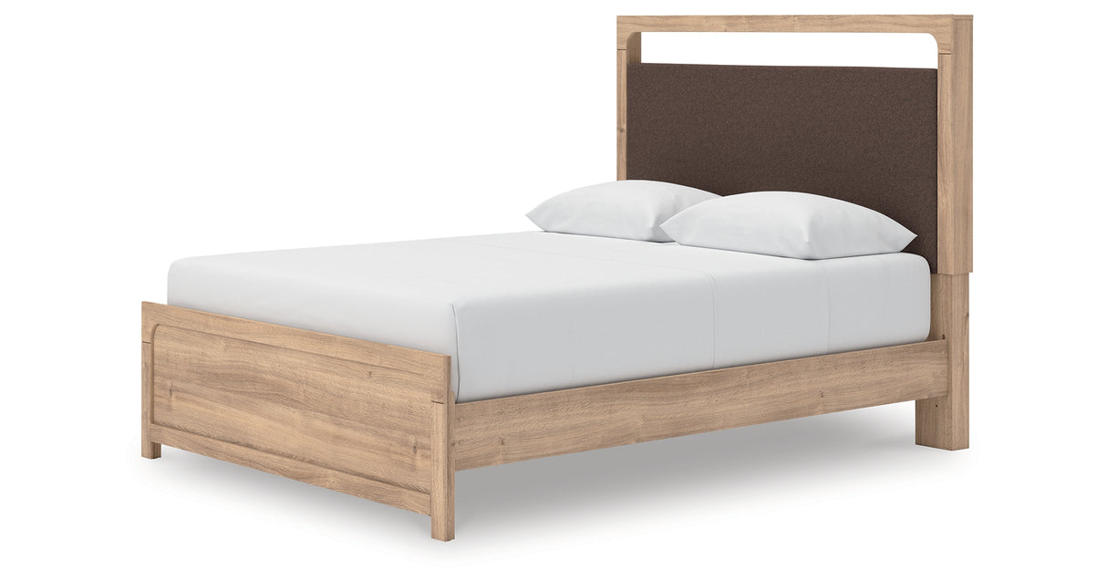 Kinlanni Queen Upholstered Platform Bed with Dresser and Nightstand in Tan from Ashley Furniture - Luna Furniture
