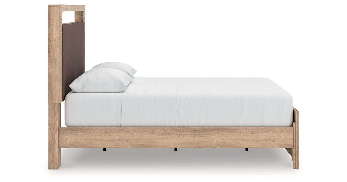 Kinlanni Queen Upholstered Platform Bed with Mirrored Dresser in Tan from Ashley - Luna Furniture