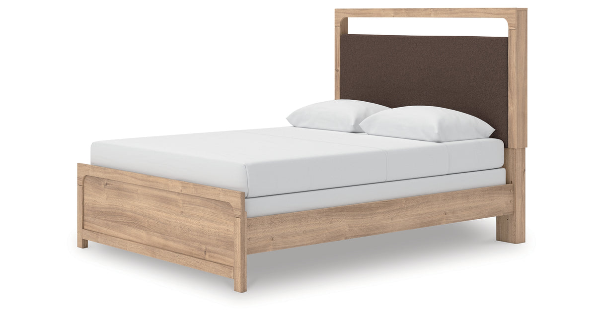 Kinlanni Queen Upholstered Panel Bed with Dresser and Nightstand in Tan from Ashley Furniture - Luna Furniture