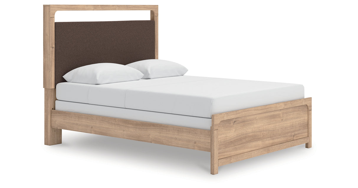 Kinlanni Queen Upholstered Panel Bed with Dresser and Nightstand in Tan from Ashley Furniture - Luna Furniture