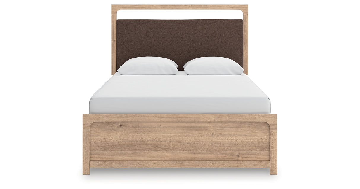 Kinlanni Queen Upholstered Panel Bed with Dresser and Nightstand in Tan from Ashley Furniture - Luna Furniture