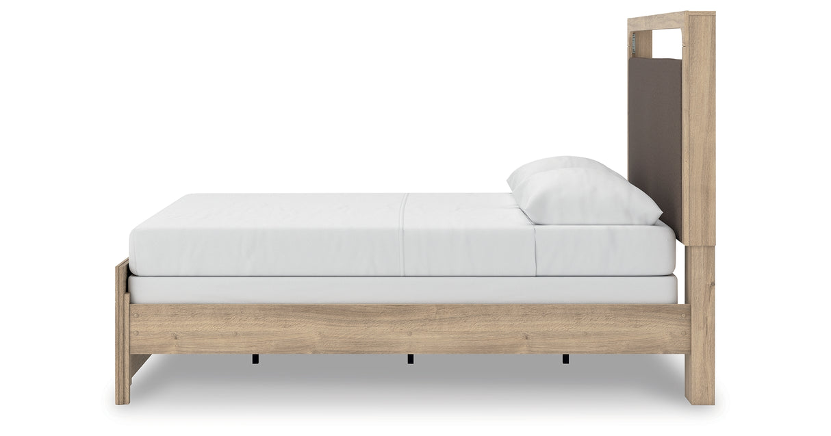 Kinlanni Queen Upholstered Panel Bed with Dresser and Nightstand in Tan from Ashley Furniture - Luna Furniture