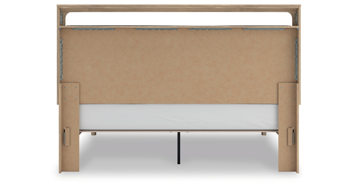 Kinlanni King Upholstered Platform Bed with Mirrored Dresser in Tan from Ashley - Luna Furniture