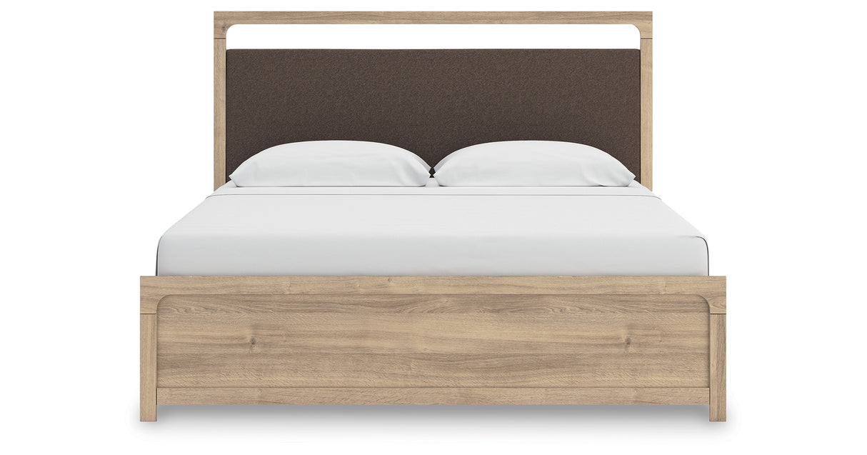Kinlanni King Upholstered Platform Bed with Dresser and Chest in Tan from Ashley - Luna Furniture