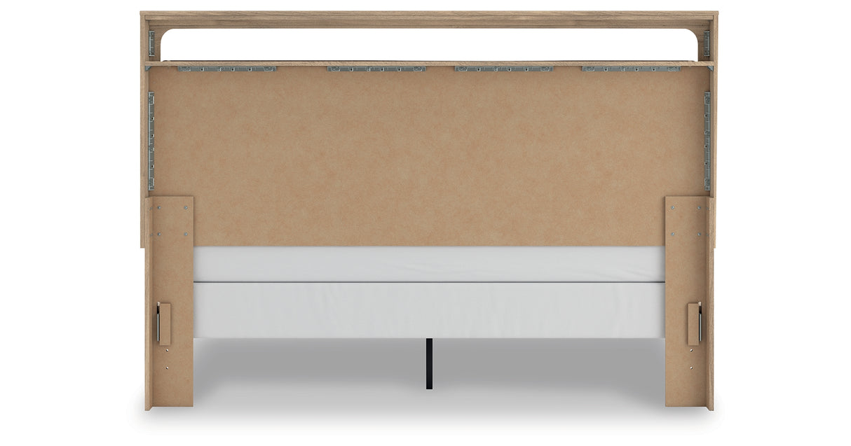 Kinlanni King Upholstered Panel Bed with Mirrored Dresser and Nightstand in Tan from Ashley Furniture - Luna Furniture
