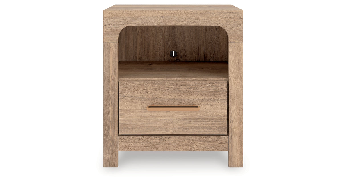 Kinlanni Queen Upholstered Panel Bed with Dresser and Nightstand in Tan from Ashley Furniture - Luna Furniture