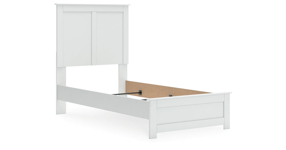 Bostwick Shoals Twin Panel Bed with Mirrored Dresser and Chest in White from Ashley - Luna Furniture