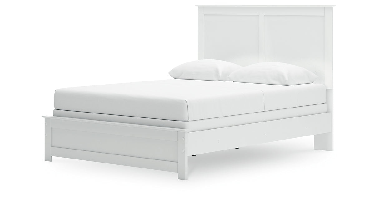 Bostwick Shoals Queen Panel Bed with Mirrored Dresser, Chest and Nightstand in White from Ashley Furniture - Luna Furniture