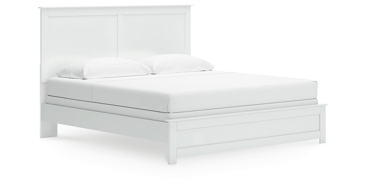 Bostwick Shoals King Panel Bed with Mirrored Dresser, Chest and Nightstand in White from Ashley - Luna Furniture