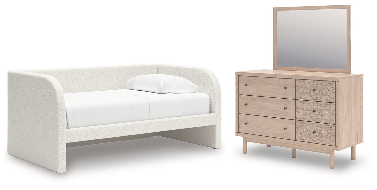 Arloster Tan/White Twin Upholstered Dabed, Dresser and Mirror from Ashley Furniture - Luna Furniture