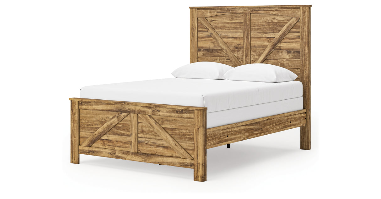 Maystonna Golden Rustic Queen Crossbuck Panel Bed, Dresser, Mirror and Nightstand from Ashley - Luna Furniture